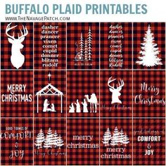 buffalo plaid printables for christmas and other holiday decorations, including deer, tree, snowflakes, reindeer sleigh