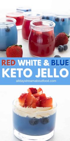 red, white and blue keto jello with strawberries