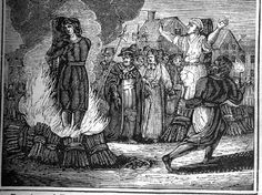 an old black and white drawing of two women in front of a fire with people around them