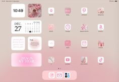 a pink and white desktop with various stickers on the screen, including calendars