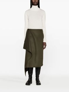 Moncler wool-cashmere Midi Wrap Skirt - Farfetch Fall Workwear Asymmetrical Wrap Skirt, Green Asymmetrical Skirt For Fall, Asymmetrical Green Skirt For Fall, Luxury Wool Skirt For Workwear, Luxury Green Relaxed Fit Skirt, Luxury Fitted Wool Skirt, Luxury Green Cotton Skirt, Luxury Midi-length Wrap Skirt For Women, Midi Wrap Skirt