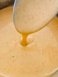 a ladle pouring sauce into a pot filled with food