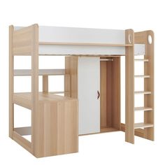 there is a bunk bed with a desk underneath it and shelves below the bed for storage