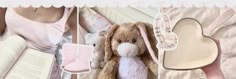 there is a stuffed bunny and book on the bed with it's pink slippers