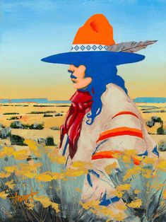 a painting of a woman with a hat on her head in the middle of a field