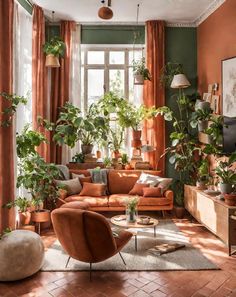 a living room filled with furniture and lots of plants on the windows sills