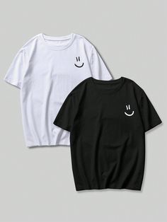 2pcs Men Casual Smiling Face Printed Round Neck Short Sleeve T-Shirt, Boyfriend Gift, For Work Black and White Casual    Cartoon  Slight Stretch  Men Clothing, size features are:Bust: ,Length: ,Sleeve Length: Black Crew Neck Top With Smiley Face, Black Smiley Face Crew Neck Top, Black Crew Neck T-shirt With Smiley Face, Black Smiley Face Crew Neck T-shirt, Smiling Face, Smile Face, White Casual, Men Clothing, Kids Beachwear