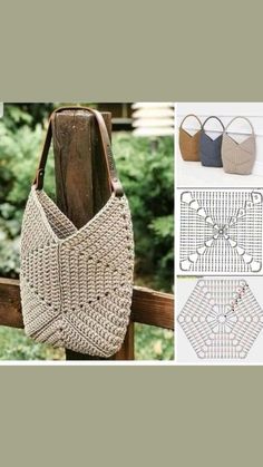 crocheted purses with different patterns and designs on them, including the handles