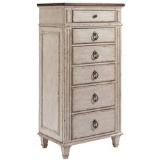 an old white dresser with drawers and knobs on the bottom drawer, against a white background