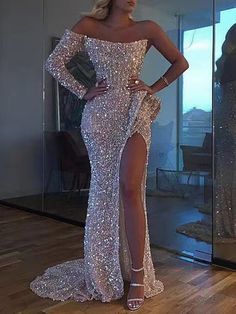 SP2006,Sexy white sequin prom dresses high split long evening dress one shoulder party dresses · SofieProm · Online Store Powered by Storenvy Green Dress Formal, Red Green Dress, Off Shoulder Long Dress, Robes Glamour, Luxurious Dresses, Custom Prom Dress, Long Sleeve Sequin, فستان سهرة, Mermaid Dress