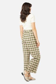 Check high waisted pant- a classically sweet check pant- high waisted fit- straight leg- handy pockets and belt loops- cotton fabric with a little elastane- available in green Product Code: PGFX042