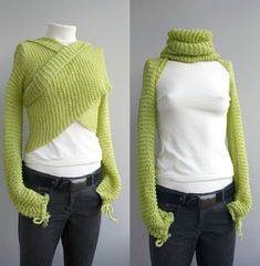 two pictures of a woman wearing a green sweater