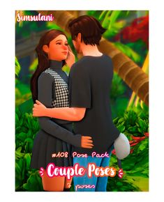 a couple is hugging each other in front of some trees and plants with the caption couples pose