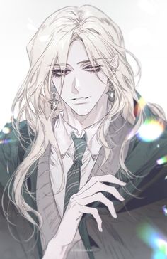 an anime character with long blonde hair wearing a suit and tie, holding his hand to his face