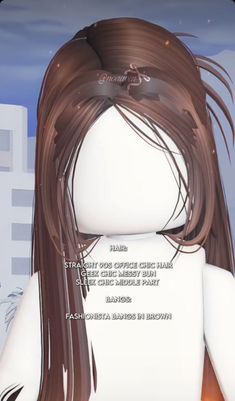 an animated girl with long brown hair standing in front of a cityscape background