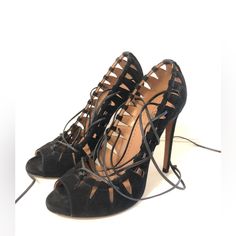 Alaia Black Suede Tie Up Lace Up Heels Size 39 $1495 Luxury Lace-up Sandals For Evening, Chic Lace-up Sandals For Formal Occasions, Chic Lace-up Formal Sandals, Lace-up Evening Sandals With 4-inch Heel, Elegant Lace-up Sandals For Night Out, Luxury Lace-up Heels With 4-inch Heel, Luxury Lace-up Heels With Wrapped Heel, Luxury Lace-up Evening Heels, Elegant Lace-up Heels For Night Out