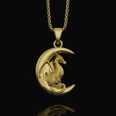 Silver Moon Dragon Necklace, Fantasy Jewelry, Crescent Charm, Mythical Creature, Dragon Jewelry, Unisex Pendant Birthday, Memorial Gift ✦ Jewelry Details ✦ • Material: 925 Sterling Silver • Pendant's Dimensions: 32x27mm • Weight: 15-16grams • Finish: Oxidized, Polished, Gold, Rose Gold • Stamp: 925 • Bail: 4mm • Ideal for daily use with an oxidized finish on 925 sterling silver, which makes details more attractive and eye-catching! • It can be made in 10K - 14K - 18K white/rose/yellow gold as well. Contact me! ✦ Shipping Details ✦ • Standard Shipping • Processing time: 2-4 business days • Delivering time: 2-5 business days • Don't forget to put a phone number on your order for courier service! 📞 • Standard Express Shipping: https://www.etsy.com/listing/920691703/express-worldwide-shipping Moon Dragon, Media Luna, Gold Dragon, Dragon Necklace, Mythical Creature, Book Jewelry, Dragon Jewelry, Dragon Pendant, Silver Moon