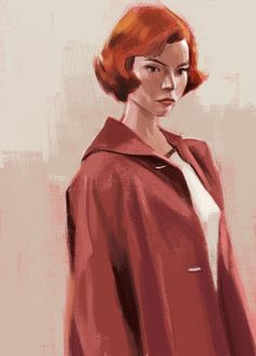 a painting of a woman with red hair and an overcoat, standing in front of a wall