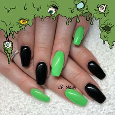 Black With Green Nails, Nails Acrylic Green And Black, Black And Neon Green Nails Ideas, Black And Green Halloween Nails Short, Black Neon Green Nails, Green And Black Acrylic Nails, Black And Green Halloween Nails, Lime Green Nails With Black, Black And Lime Green Nails Acrylic