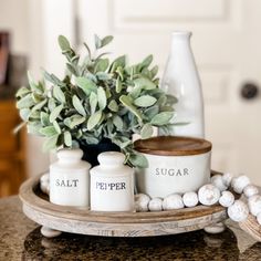 an assortment of salt and pepper shakers on a tray with a potted plant in the background