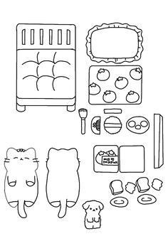 a black and white drawing of food items in the shape of a cat, dog, and bed