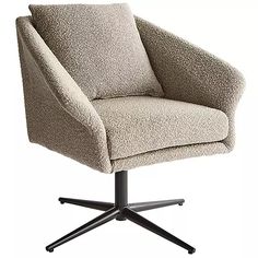 an upholstered chair with black legs and a light colored fabric on the back