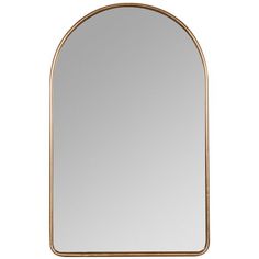 an arched mirror with gold trim on the bottom and sides, against a white background