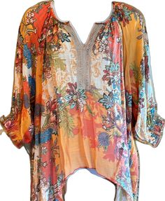 Vibrant Print V-neck Patterned Blouse, Bohemian V-neck Multicolor Print Blouse, Fall Paisley Print V-neck Blouse, Blue Vibrant Print V-neck Top, Orange Floral Print V-neck Top, V Neck Blouse, Shades Of Orange, Blue Orange, Lace Trim