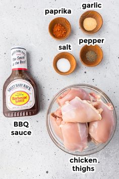 ingredients needed to make barbecue chicken wings on a white counter top with text overlay