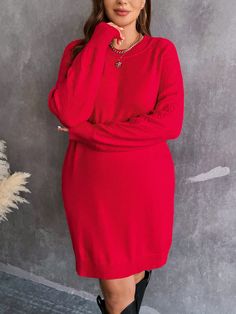 Rojo Casual Collar manga larga Lana Peinada Liso  Embellished Elástico Ligero Plus Size Sweater Dress, Raglan Sleeve Sweater, Cable Knit Sweater Dress, Long Sleeve Tops Casual, Plus Size Sweaters, Knit Sweater Dress, Dress P, Cropped Pants, Plus Clothing