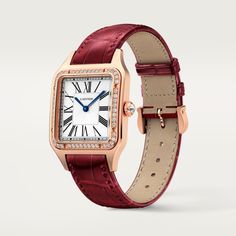 CRWJSA0016 - Santos-Dumont watch - Large model, quartz movement, rose gold, diamonds, leather - Cartier Cartier Curvy Watch, Santos Cartier Woman, Fashion Engineering, Cartier Watches Women Red, Cartier Santos Medium, Santos Watch Cartier, Elegant Cartier Leather Watches, Cartier Santos Watch, Watch House