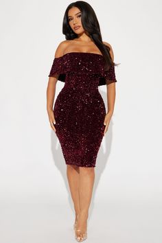 Available In Hunter And Burgundy. Sequin Midi Dress Short Sleeve Off Shoulder Stretch Invisible Back Zipper Shell/Lining 100% Polyester Imported | Evelyn Sequin Midi Dress in Burgundy size 3X by Fashion Nova Burgundy Sequin Dress Outfit, Burgundy Dress For Wedding Guest, Holiday Knee-length Sequin Dress For Date Night, Cocktail Chic Attire, Burgendy Sequin Dress, Burgundy Sequin Dress, Burgundy Short Dress, Classy Mini Dresses, Fashion Nova Sequin Dress