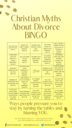 a poster with the words, christian myths about divore bingo on it