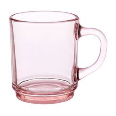 a clear glass mug is shown on a white background and has a pink rim around the edge