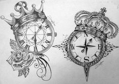 a drawing of two clocks with crowns and roses on them, one has a blue arrow in the middle