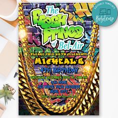 a flyer for a hip hop party with gold chains on the front and back cover