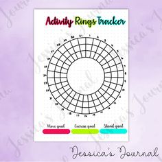 the printable activity ring tracker is shown in front of a purple background with colorful writing