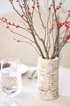 a vase filled with red berries sitting on top of a table