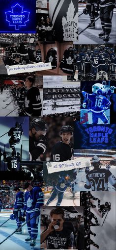 an image of hockey players collaged in multiple pictures with the words toronto leafs on them