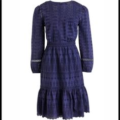 Beautiful J.Crew Eyelet Flutter Hem Dress Size 14 Tall Pretty Navy Dress In Color Zipper In Back Long Sleeves Fits True To Size Falls Above Knee, With Lining Inside The Dress Blue Spring Dresses With Cutwork Hem, Blue Dresses With Cutwork Hem For Spring, Blue Lace Trim Dress For Fall, Navy Ruffled Midi Dress For Spring, Spring Navy Midi Dress With Ruffles, Casual Long Sleeve Dress With Cutwork Hem, Tall Girl Fashion, Long Sleeve Embroidered Dress, Best Dresses