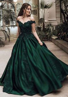 Looking For One Perfect Prom Dress? This Prom Dress is made-to-order by professional tailors. Available In Over 60 Colors. Regular sizes 2 to 16 and plus sizes 14W to 26W. Custom size is also available.More details:Silhouette:Ball Gown.Neckline:Off-the-Shoulder.Sleeve:Sleeveless.Wrap:No.Embellishment:Appliqued,Beading.Size:Plus,General.Fabric:Satin.Length:Sweep Train.Shown Color:Dark Green.Fully Lined:Yes.Built_In Bra:Yes.Boning:Yes.Straps:Regular Straps.Ship:Ship in 48hrs Dark Green Ball Gown, Green Ball Gown, Satin Prom Dresses, Off Shoulder Evening Dress, Elegant Ball Gowns, Ballroom Dance Dresses, فستان سهرة, Gown Prom, Satin Prom Dress