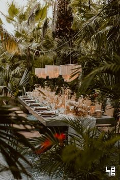 an outdoor dining table surrounded by palm trees and hanging chandeliers with candles on them