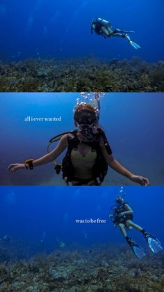 two different pictures of people diving in the ocean