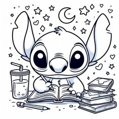 a cartoon character is reading a book and drinking some liquid in front of them, with stars on the background