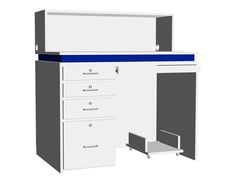 a white and blue office desk with drawers on the bottom shelf next to an open file cabinet