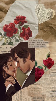 a collage of images with roses and words on them, including the image of a man kissing a woman's forehead