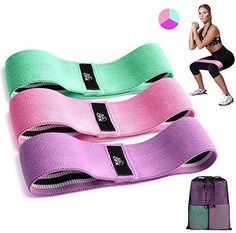 three different colored yoga straps with one woman doing squats and the other has a gym bag