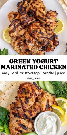 greek yogurt marinated chicken on a plate with cucumbers and lemon wedges