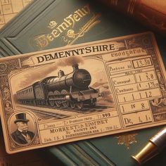 an old train ticket sitting on top of a desk next to a pen and book