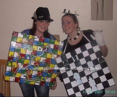 two women dressed up as checkers and clowns posing for the camera with their costumes